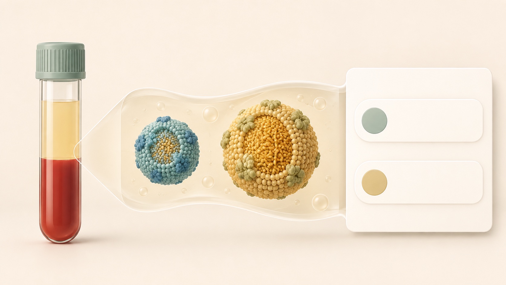 ภาพจำลองหลอดตัวอย่างเลือด อนุภาค HDL และ LDL คนละกลุ่ม และใบผลตรวจ พร้อมคำกำกับ